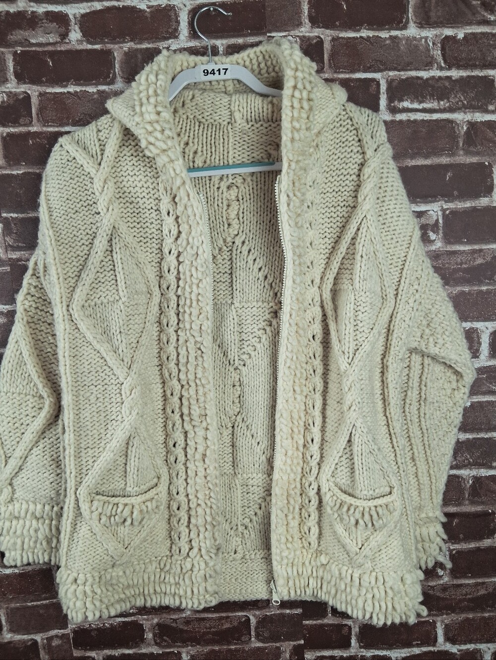 Hooded Wool Fisherman Sweater Womens Creamy White M Thick Chunky Zip Up Nordic